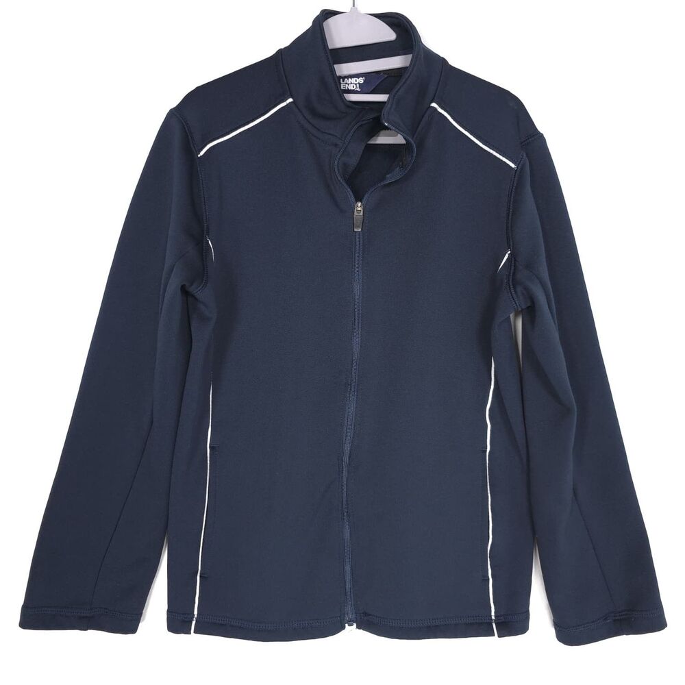 LANDS END Uniform Kids Active Track Jacket MEDIUM‎ 8 Navy Blue Full Zip Athletic